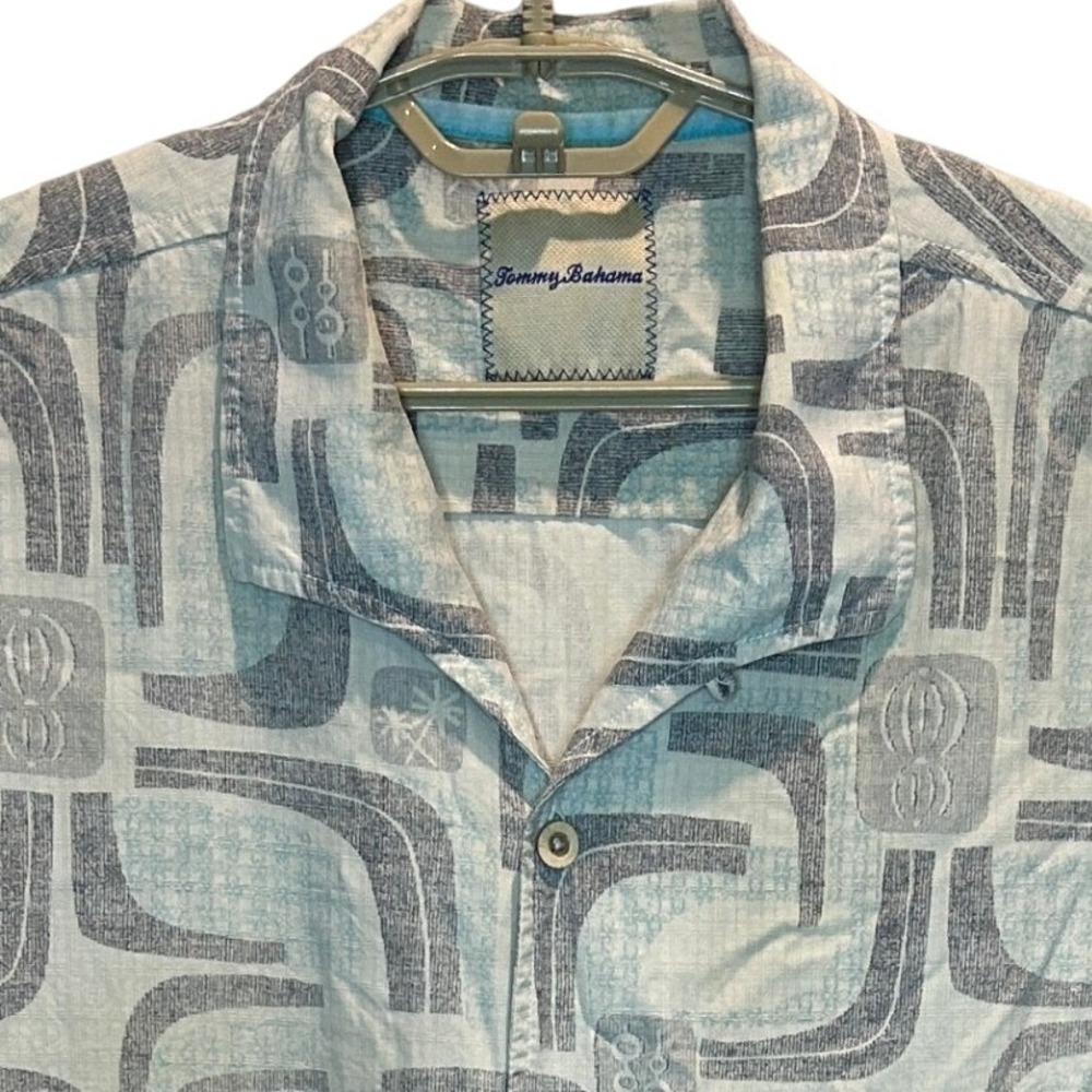 Tommy Bahama Silk Button Down Shirt XXL Mens Blue Grey Geometric Abstract Camp